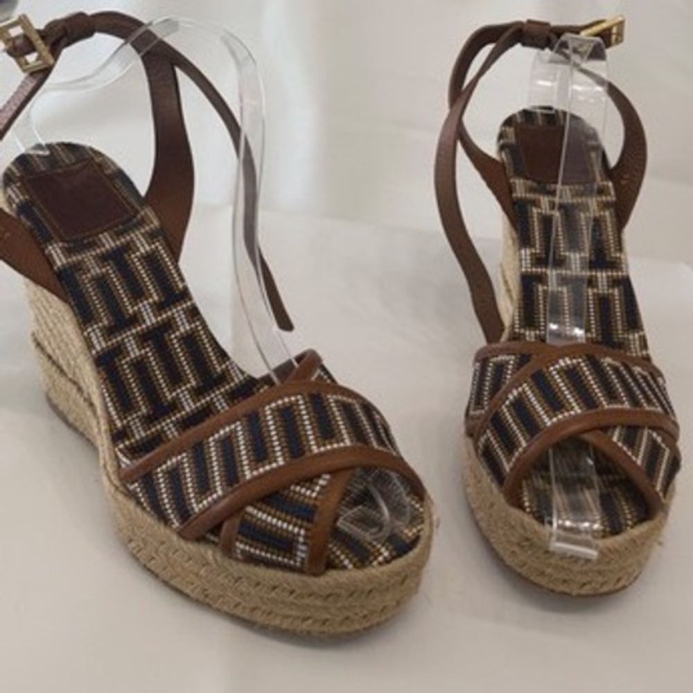 Tory Burch Brown Leather Navy Beaded Wedge Sandals EU 39/ US 9